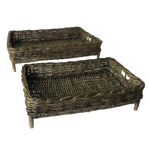 HomeRoots Set of Two Brown And Gray Rattan Hand Finished Serving Tray With Handles - 1 of 4