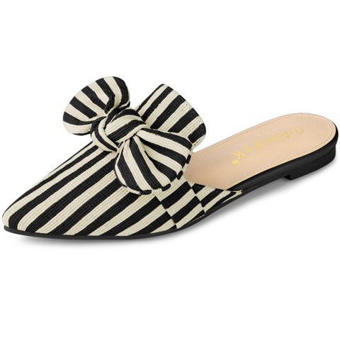 Женские сандалии Allegra K Women's Pointed Toe Slip-on Flat Stripe Bow Decor Slides Mules Black 8