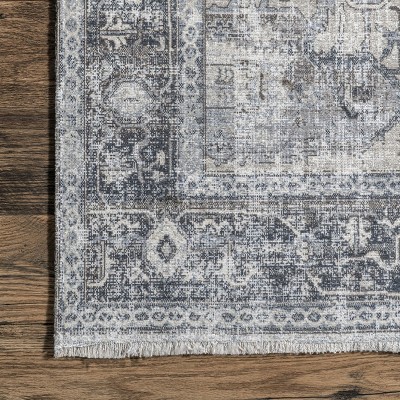 Light Gray Synthetic Washable Rectangular Area Rug with Fringed Ends