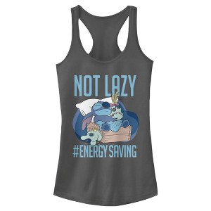 Juniors Womens Lilo & Stitch Not Lazy, Saving Energy Racerback Tank Top - 1 of 4