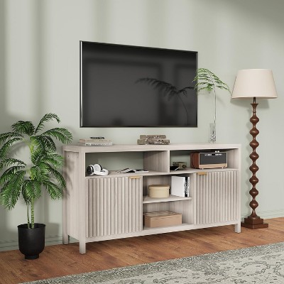 59" Fluted Mid-Century Modern TV Stand with Adjustable Shelves, Entertainment Center with Open Storage for Living Room,Grey Oak