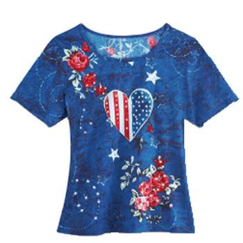 Collections Etc Patriotic Country Roses and Heart Sequins Scoop Neck Short Sleeve T-Shirt Top