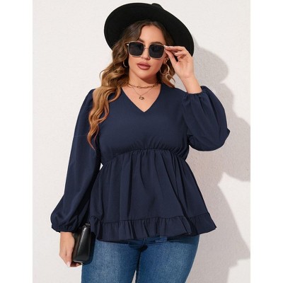 Whizmax Women's Plus Size Blouses Casual V Neck Babydoll Tunic Puff Long  Sleeve Chiffon Tops A Line Shirts Navy Blue Xl : Target