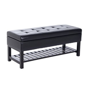 Aghana Digitals 44" Black Faux Leather Tufted Storage Ottoman Bench with Slatted Shoe Rack & Padded - 1 of 4