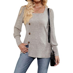 Women Square Neck Tops Long Sleeve Split Sweater T-Shirt Casual Blouses Knit Tops - 1 of 4