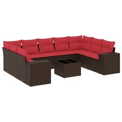 vidaXL 10 Piece Garden Sofa Set with Cushions Brown and Red Poly Rattan - With Table