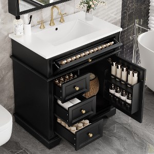 Lyngins 30" Freestanding Bathroom Vanity with Sink, Acacia Wood Bathroom Storage Cabinet with Soft-Closing Door, 1 Tip-Out + 3 Drawers, Gold Knobs - 1 of 4
