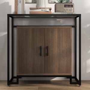 Garvee Modern Farmhouse Buffet Sideboard Cabinet with Tempered Glass Top and Steel Frame – 2-Door Engineered Wood Storage Cabinet - 1 of 4