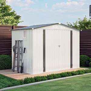 PAGED 8X6FT Metal Outdoor Storage Shed with Pitched Roof Waterproof,Tool Shed with Lockable Door,Compact Garden Shed for Patio,White+Gray - 1 of 4