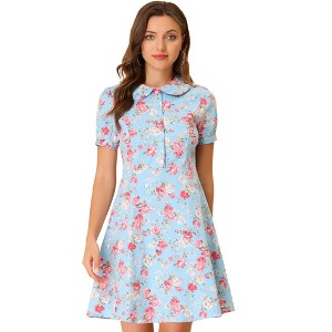 Allegra K Women's Peter Pan Collar Half Placket Vintage Floral Dresses - 1 of 4