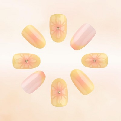 LOVELAY CREATIONS Yellow Flower French Tip Short-Medium Oval Press-On Nails