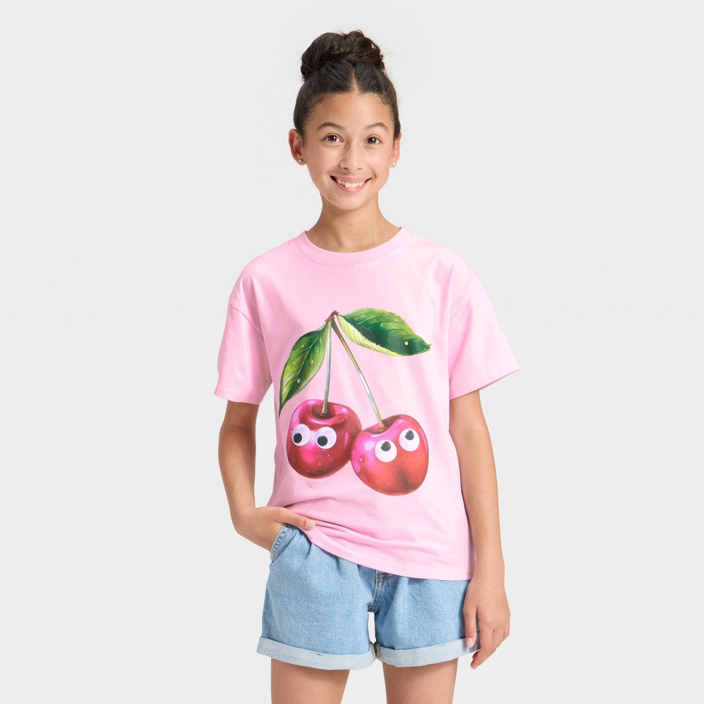 Girls' Short Sleeve Knit Oversized Cherries Graphic T-Shirt - Cat & Jack™ Soft Pink M