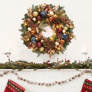 24 inch Lighted Christmas Wreath, Pre-Lit Xmas Wreath with Bow and Christmas Balls, Christmas Decorations,Christmas Wreath for Front Door,Windows,Wall - 1 of 4