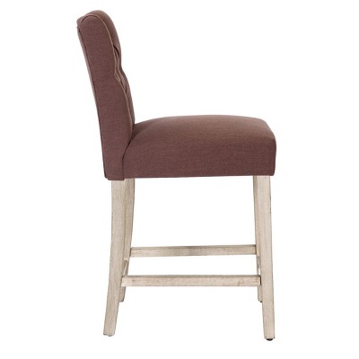 Brown Linen Upholstered Tufted Counter Stool with Wood Legs