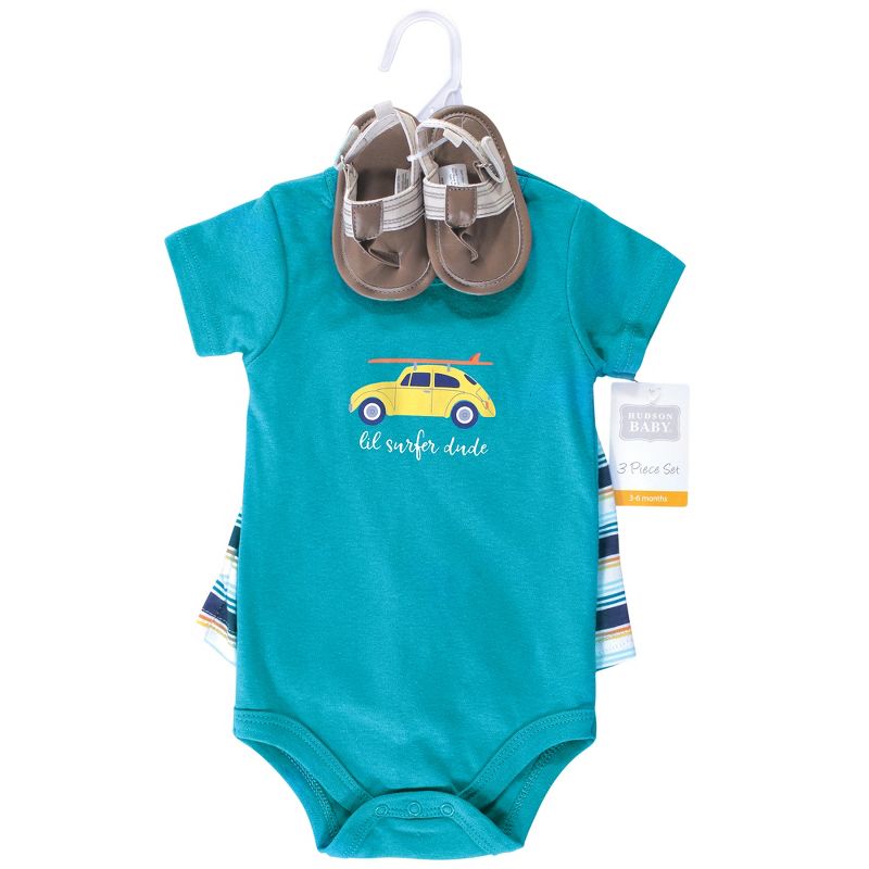 Hudson Baby Infant Boy Cotton Bodysuit, Shorts and Shoe 3pc Set, Surfer Dude, 3 of 7