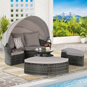 VisioGear Patio Daybed Furniture, 5-Piece Round Conversation Set with Retractable Canopy and Storable Table, Gray, 70.86"*70.86"*55.9" - 1 of 4