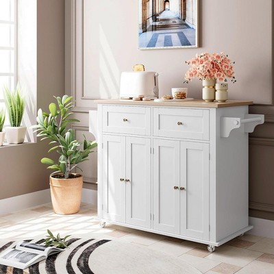 Whizmax Kitchen Island Car with Storage, Wood Top Rolling Mobile Carts on Wheels with Drawer and Storage Cabinet