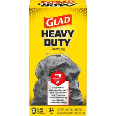 Glad ForceFlex Large Drawstring Black Trash Bags - 30gal/34ct: Solid Pattern, Extra Strong