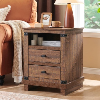 SinCiDo Nightstand with Charging Station, 18″ Farmhouse Night Stand with 2 Drawers, Wood Rustic End Table