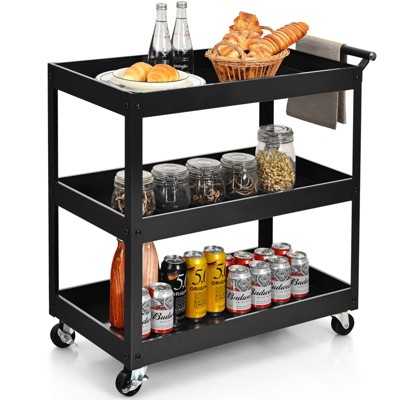 Black Steel 3-Tier Rolling Utility Cart with Wheels