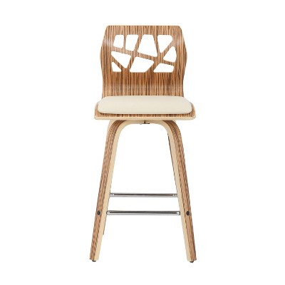 Mid-Century Modern White Leather and Wood Swivel Counter Stools