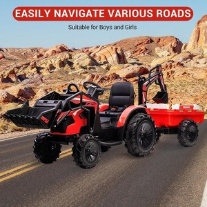 4-in-1 Kids Ride on Tractor, 24V Remote Control Excavator Toy with Trailer, Shovel Bucket, Digger, EVA Tires, LED Light, Music, USB, 5mph Max, Red - 1 of 4