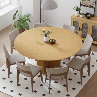 PexFix 59" x 59" Solid Wood Round Dining Table with Natural Finish and Elegant Arched Legs for Modern Dining Rooms & Kitchens