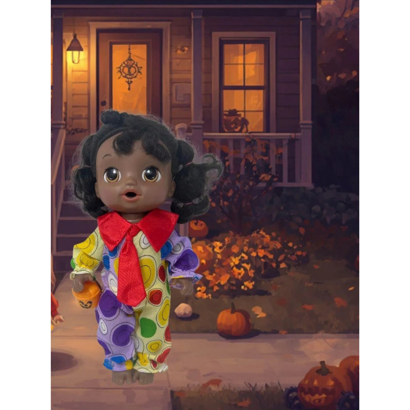 Doll Clothes Superstore Clown Costume with Pumpkin Trick or Treat Bucket for 14 Inch Baby Alive Dolls — фото 6