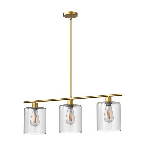YANSUN 31.5 In.3-Light Brass Pendant Light with Clear Glass Shadesfor Kitchen, Dining Room, or Island Light Bulbs Not Included - 1 of 4