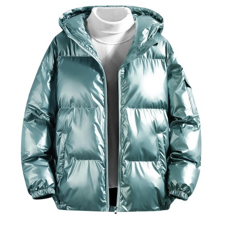 Lars Amadeus Men's Full Zip Heavyweight Quilting Shiny Metallic Hooded  Puffer Jacket Light Green Medium