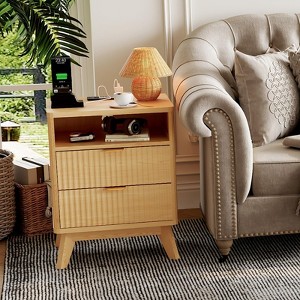 Modern Multifunctional Nightstand with Charging Station – 2 AC Outlets & Dual USB Ports | Wooden Bedside Table with Wave-Pattern Drawer - 1 of 4