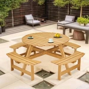 Gulches 8-Person Round Outdoor Picnic Table with 4 Built-in Benches - 2" Umbrella Hole, Weather-Resistant Natural Wood - 1 of 4