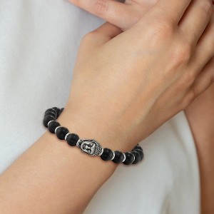 Chisel Stainless Steel Antiqued and Polished Buddha 8mm Black Agate Beaded Stretch Bracelet - 1 of 2
