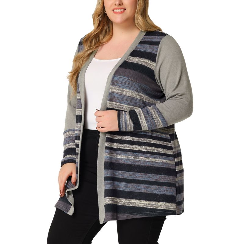Agnes Orinda Women's Plus Size Long Open Front Striped Sweater Knit Cardigans, 2 of 6