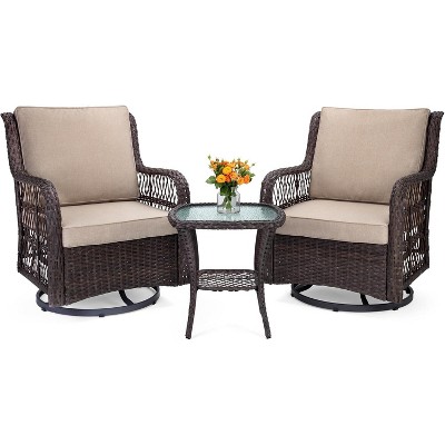 3-Piece Outdoor Wicker Bistro Set with 360 Swivel Rocking Chairs, Includes Premium Cushions and Armored Glass Top Side Table, Perfect Patio Furniture