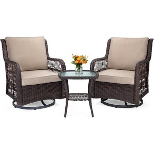 3-Piece Outdoor Wicker Bistro Set with 360 Swivel Rocking Chairs, Includes Premium Cushions and Armored Glass Top Side Table, Perfect Patio Furniture - 1 of 4