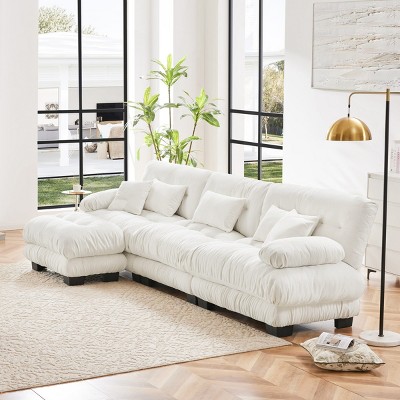 3-Seater Sectional Sofa with 1 Ottoman Deep Seat Sofa Couch Chenille Soft Comfy Upholstered Sofa for Living Room, Apartment-Tanpinhause