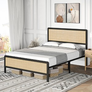 homfan Bed Frame With Rattan Headboard/Footboard, Platform Bed Frame, Mid Century Modern Bed Frame/No Box Spring Needed/Easy Assembly/Noise-Free - 1 of 4