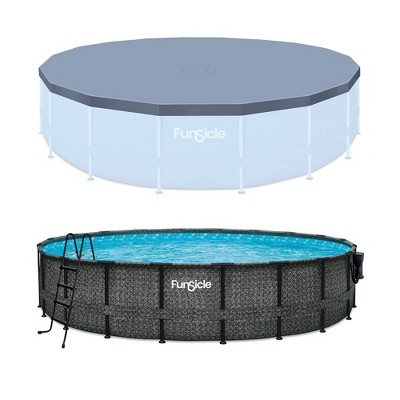 Funsicle 20' x 48" Oasis Round Frame Above Ground Swimming Pool Outdoor Backyard Summer Set with 20' Secure Debris Pool Cover, Dark Herringbone