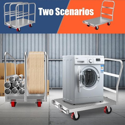 2 in 1 Heavy Duty Platform Truck with 1 Front & 2 Side Handrails, Panel Truck Cart, 2000Lb Capacity Drywall Cart with Swivel Casters, Flatbed Dolly