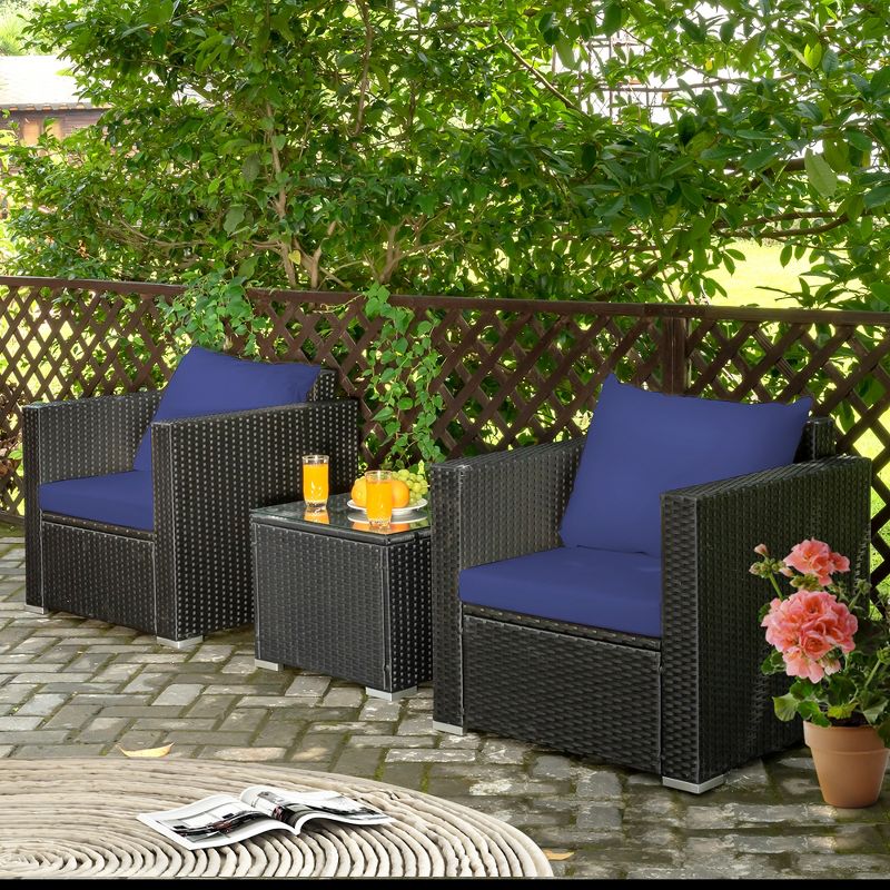 Costway 3PCS Patio Rattan Wicker Furniture Set Sofa Table W/Cushion Yard Red\Turquoise\ Navy\Black, 3 of 12