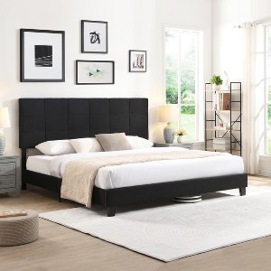 King Upholstered Platform Bed with Linen Headboard, Sturdy Support, No Box Spring Needed - 1 of 4
