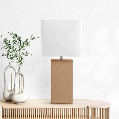 Beige Leather Wrapped Table Lamp with White Fabric Shade and LED Bulb