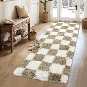 Plush Fluffy Living Room Rugs, Geometric Checkered Soft Fuzzy Bedroom Rug, Shag Floor Carpet for Nursery Kids Room - 1 of 4