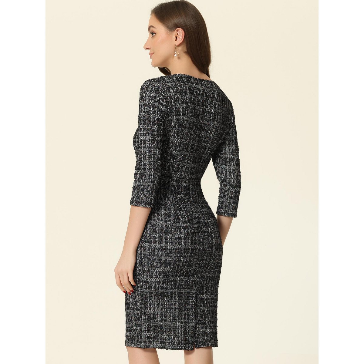 Женские платья INSPIRE CHIC Women's Elegant Work 3/4 Sleeve Plaid Tweed Bodycon Dresses Small Black — фото 5