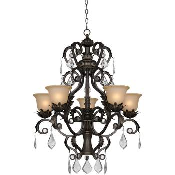 Kathy Ireland French Bronze Chandelier 31" Wide Rustic Crystal Amber Bell Glass 5-Light Fixture for Dining Room House Home Kitchen