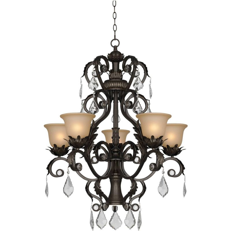 Kathy Ireland French Bronze Chandelier 31" Wide Rustic Crystal Amber Bell Glass 5-Light Fixture for Dining Room House Home Kitchen, 1 of 10