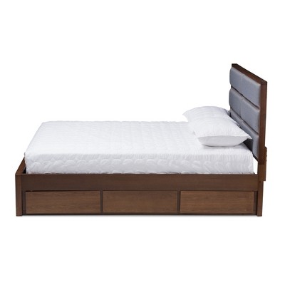 Walnut and Gray Upholstered Queen Storage Platform Bed with Drawers