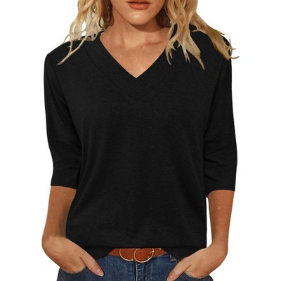 Tops for Women Summer Fall Shirts Basic 3/4 Sleeve Tees V Neck Tunics Casual Dressy Blouses