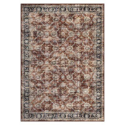 Washable Vintage Rug Non Slip Low Pile Rug Soft Throw Floor Cover Floral Foldable Indoor Carpet for Living Room Bedroom Playroom Nursery
